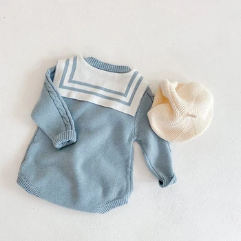 Baby Body Med Lange Ærmer Strikket Efteråret Spædbarn Tøj Solid Blå Farve Matros Krave Søde Nyfødte Drenge Piger Jumpsuits
