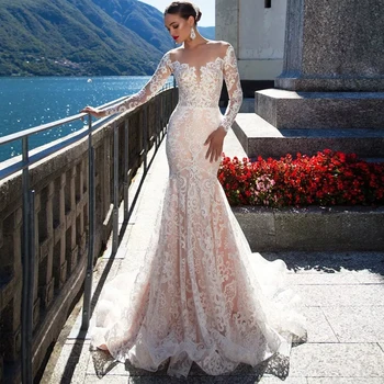 2020 Vestido de Casamento Luxury Mermaid Brudekjole med Lange Ærmer Sexet Vestido de Noiva Sereia Se Gennem Tilbage Abito Sposa