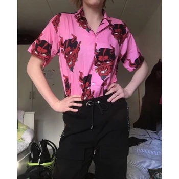 Harajuku-Shirts Unisex Djævelen Hawaii-Skjorte Løs Hip Hop Streetwear Bluser Mænd og Kvinder kortærmet Sommer Strand Camisa
