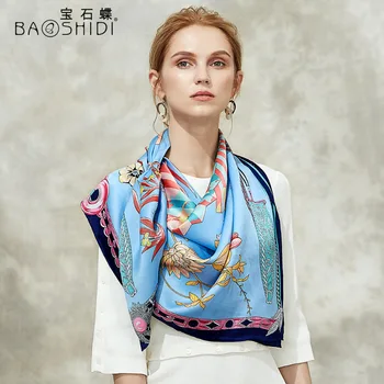 [BAOSHIDI]2018 Efteråret Nye Ankomst, 16m/m silke satin tørklæde,106*106 Pladsen Tørklæder kvinder,Blomstret mønster design infinity-sjal