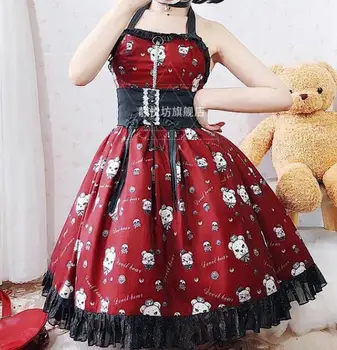Gothic vintage søde lolita halterneck kjole falbala sløjfeknude udskrivning med høj talje victoriansk kjole kawaii pige gothic lolita jsk loli