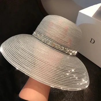 2021 Nye Sommer Elegante Wide Brim Strand Hat Hepburn Stil Rhinestone Bælte solhatte Kvindelige Sammenklappelig UV-Beskyttelse solskærm Caps