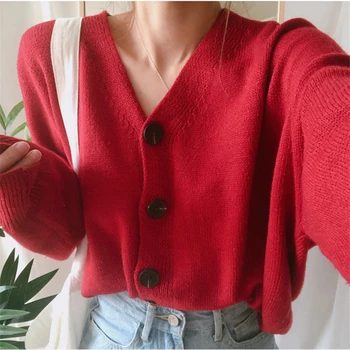 Colorfaith Kvinders Sweater Efterår og Vinter 2019 Strikkede Cardigans-Knappen for Enkelt-Breasted Mode koreansk Stil Røde Toppe SWC5003