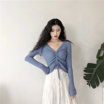 Kvinder Sexy-V-Hals Snøre Strikket Sweater Casual Ruched Korte Tynde koreansk Stil Trøjer Dame Soft Crop Tops Kvinder outwear