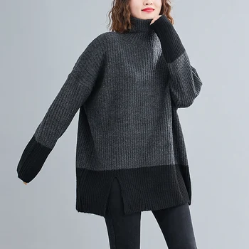 DIMANAF 2020 Plus Size Kvinder Turtleneck Sweater Strik Varm Splejset Farver Mode Afslappet Stil Vintage Efteråret Nye Løse Toppe