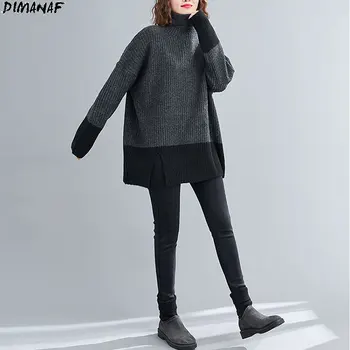 DIMANAF 2020 Plus Size Kvinder Turtleneck Sweater Strik Varm Splejset Farver Mode Afslappet Stil Vintage Efteråret Nye Løse Toppe