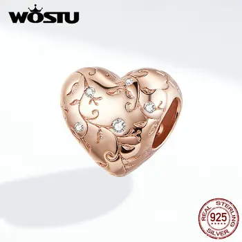 WOSTU 925 Sterling Sølv Blomst Retro Mønstre Heart Perler Rose Gold Charm Passer Oprindelige Armbånd, Vedhæng DIY Smykker DXC1323-C