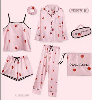 Sommeren Silke Satin Pyjamas Sæt Plus Size Turn-down Pijama Top Plus Size Sexet 7 Stykker Pijama Herre Pyjamas pige nye mode