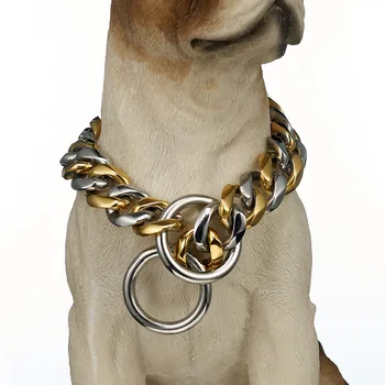 Nye Guld Farve Rustfrit Stål Store Hund Krave Sikkerhed Kæde Bremse Cuba Hund Leverer Engros 12-32
