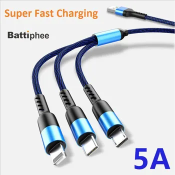 Battiphee 3-I-1-Hurtig Opladning Kabel-5A Nylon Opladning Kabel-1.2 Meter til Android, iOS Type-C