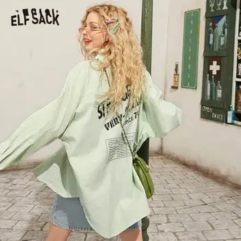 ELFSACK Grøn Stribet Brev Print Oversize Casual Preppy Shirts Kvinder 2020 Spring Nye Sort langærmet Damer koreanske Daglige Top