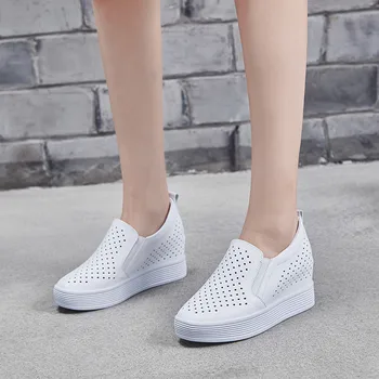 Hvide Sko Kvinder Sko med Hæle, 7CM Loafers Womens Læder Sneakers-Platform-Wedge Sko til Kvinder Efteråret Nye Hule