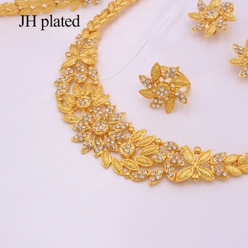 Dubai luksus guld farve smykke sæt, Afrikanske, indiske brude bryllup part gaver til kvinder, Halskæde, Armbånd, øreringe og ring set