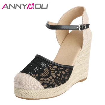 ANNYMOLI Platform-Wedge-Sandaler til Kvinder Sko Til 2019 Espadrille Høje Hæle Bohemia Lace Wedding Sko Ladie Sandaler Plus Size 34-43