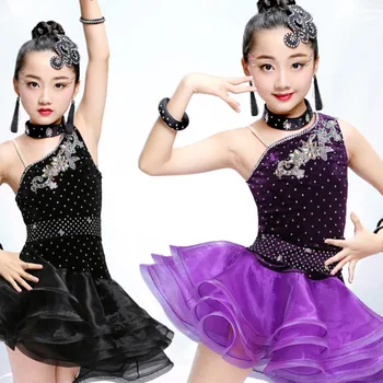 Sexet fløjl Dans Kostumer Konkurrence Kjoler Dress Salsa Dancewear Tango Tøj Piger ballroom dancing kjoler til børn latin