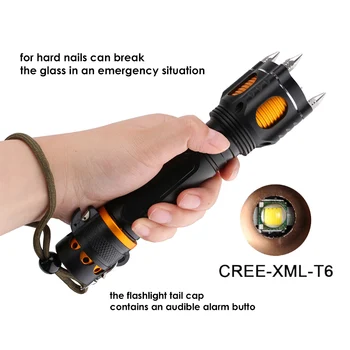 LED kraftfulde Lommelygte Angreb hoved alarm skærekniv 18650 batteri vandtæt til udendørs selvforsvar Nødsituation lommelygte