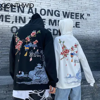 GONTHWID Harajuku Kinesisk Stil Broderi Blomster Landskab Print Sweatshirts og Hættetrøjer Streetwear Hiphop Casual Sweat-Shirts