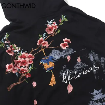 GONTHWID Harajuku Kinesisk Stil Broderi Blomster Landskab Print Sweatshirts og Hættetrøjer Streetwear Hiphop Casual Sweat-Shirts