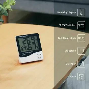 Termometer Indendørs Digital LCD-Hygrometer Temperatur Luftfugtighed Meter Vækkeur