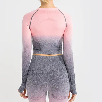 SALSPOR Fashion Kvinder Problemfri Gradient Yoga-Shirts Ombre Beskåret Tommelfinger Hul Monteret langærmet Top Åndbar Slank Kvinde