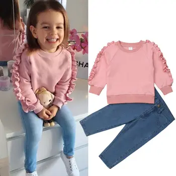 Pudcoco 2019 Nye Mode Barn Børn Baby Pige Flæsekanter Toppe Shirt Denim Bukser Jeans Varme Udstyr, Tøj Til Piger