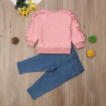 Pudcoco 2019 Nye Mode Barn Børn Baby Pige Flæsekanter Toppe Shirt Denim Bukser Jeans Varme Udstyr, Tøj Til Piger
