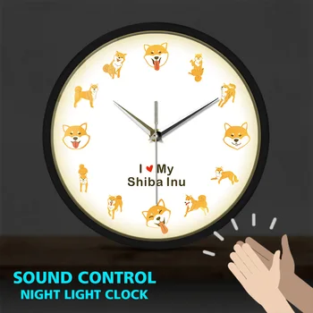 Shiba Inu Hund Pet Shop Deco-Metal Ramme Lysende Væg Ur Sound Control Tegnefilm Hvalp Dyr Japansk Krat Dog Væg Ur