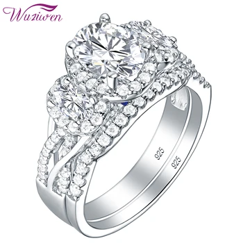 Wuziwen 3.5 Ct Oval Form AAA Zircon 925 Sterling Sølv Ringe Til Kvinder Blå Krystal Bryllup Ring Set Trendy Smykker Gave