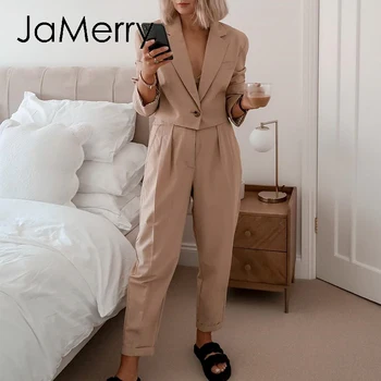 JaMerry To-stykke blazer kvinder passer Langt ærme dobbelt fast casual blazer bukser sæt Kontor damer elegante bukser passer til 2020
