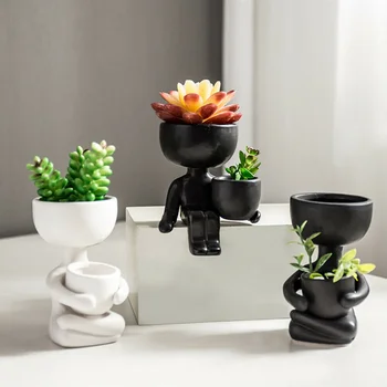 Kreative Menneskelignende Keramisk Blomst Håndværk Vase Hjem Dekoration Personlighed Gave Grøn Plante Planter