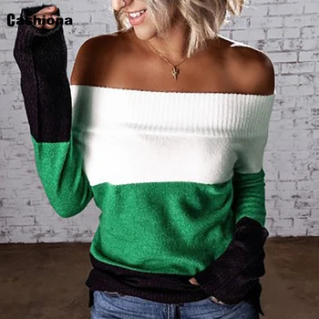 Kvinder Efteråret Nye Strikke en Sweater Femme Patchwork Farve Slash neck Jumper Trøjer Trøjer Top Mode Dame Tøj 2020