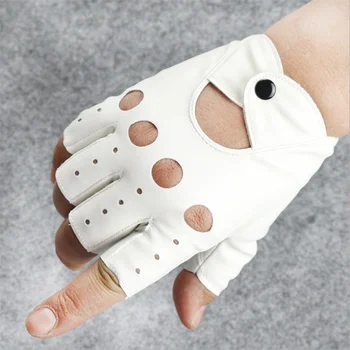 1 par Kvindelige Halvdel Finger Drivende Handsker 1 Stk Mode PU Læder Fingerløse Handsker Til Kvinder Sort Hvid Guantes Luvas G320