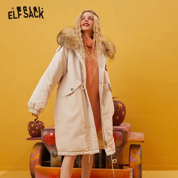 ELFSACK Grå Solid Fox Print koreanske Warmness Ned Frakker Kvinder 2020 Vinter Beige Bindebånd i Taljen Afslappet Kvindelige Parka Outwear