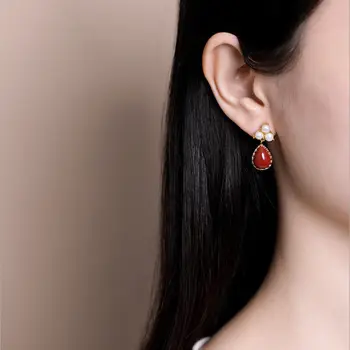 Sølv indlagt naturlige sydlige rød agat dråbeformede øreringe Kinesiske retro palace stil, charme niche håndværk kvinder brand smykker
