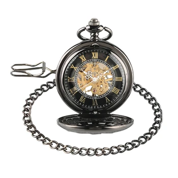 Retro Sort Hånd-vikling Mekaniske lommeur Vintage Hul Mønster Skelet Steampunk Romerske Tal Mekanisk Lomme Watchs