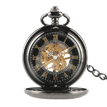 Retro Sort Hånd-vikling Mekaniske lommeur Vintage Hul Mønster Skelet Steampunk Romerske Tal Mekanisk Lomme Watchs