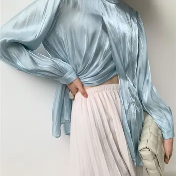 Uregelmæssig Bluse Mode Nye Full Sleeve Plisserede Pullover Solid Farve Tynd Mindretal Elegante 2020 Efteråret Shirt V501