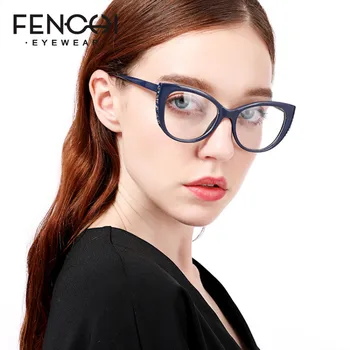 FENCHI gennemsigtig anti blå computer briller kvinder rhinestone falske briller blå lys cat eye briller