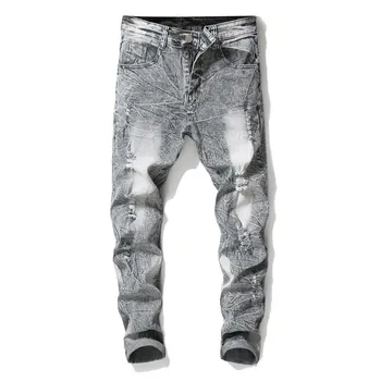 Brand Mænds Hul slidte Jeans Nødlidende Slank Elastisk Denim Lige Blyant Bukser Lys Grå Khaki Plus størrelse 38 40 42