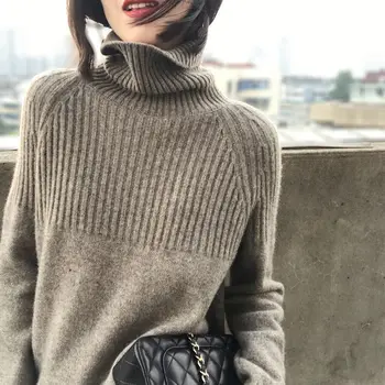 Sweater Kvinder Rullekrave Pullovere Solid Stretch Stribet Koreanske Top Strik Plus Size Harajuku Falde 2020 Vinter Tøj, Khaki Beige