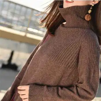 Sweater Kvinder Rullekrave Pullovere Solid Stretch Stribet Koreanske Top Strik Plus Size Harajuku Falde 2020 Vinter Tøj, Khaki Beige