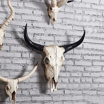 Harpiks Longhorn Ko Skull Hoved Væggen Hængende Indretning 3D Dyrelivet Skulptur Figurer Håndværk Horn For Hjem Halloween Udsmykning