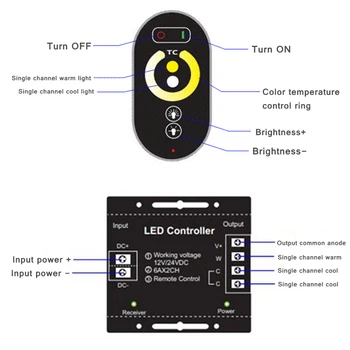 CTT Controller Lysdæmper DC12-24V 12A Wireless Touch RF-Fjernbetjening til Cool Varm Hvid Farve Temperatur LED Strip Lights