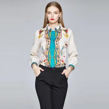 Sommeren Elegante kvinder, Flower Print langærmet Skjorte Turn-Down Krave Bluser Kvindelige Casual skjorte
