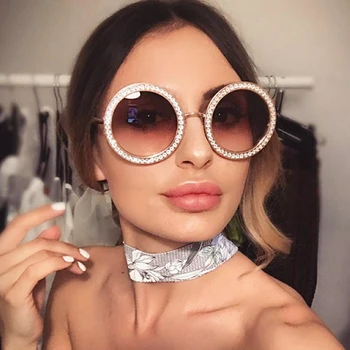 Runde Diamant Luksus Solbriller til Kvinder Stel af Metal Mode UV400 Pink Brown Gradient Linse 2019 Nye Sexede Damer Klar