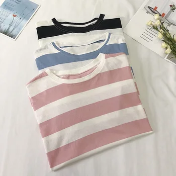 Koreansk stil pink stribe tee shirt i Oversized T-shirts Kvinder med lange Ærmer Mode Fritids-Alle-match Dame Tøj Enkel t-shirt