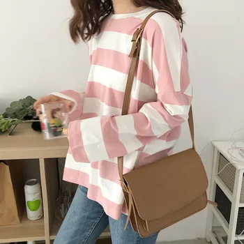 Koreansk stil pink stribe tee shirt i Oversized T-shirts Kvinder med lange Ærmer Mode Fritids-Alle-match Dame Tøj Enkel t-shirt