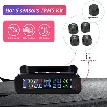 Develuck Bil Tire Pressure Monitor System Solenergi Justerbar LCD-Skærmen Automatisk Lysstyrke Kontrol Trådløse 5 TPMS-Tire