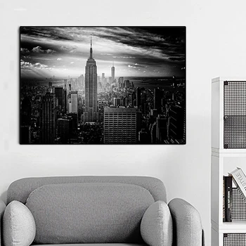 New York Manhattan Sort Hvid Bygning Lærred Maleri Plakater og Prints Cuadros Væg Kunst Billeder til stuen