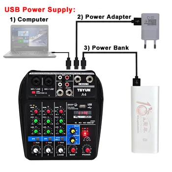 A4 48V Phantom Power Mono 1 2 Stereo USB-Play USB Optage Computer Afspilning Edb-Registrering Mini Bluetooth Audio Mixer